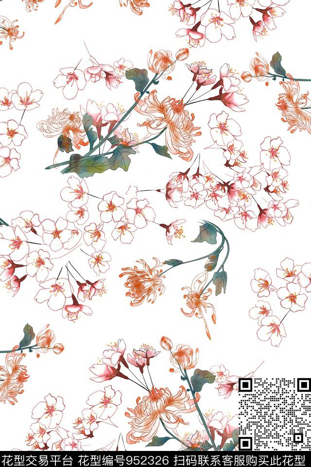 菊花与樱花组合.jpg - 952326 - 可爱 小碎花 数码花型 - 数码印花花型 － 女装花型设计 － 瓦栏