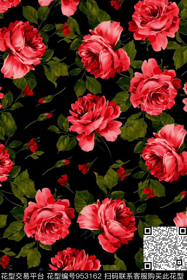 复古花卉.jpg - 953162 - 黑底花卉 手绘花卉 花卉 - 数码印花花型 － 女装花型设计 － 瓦栏