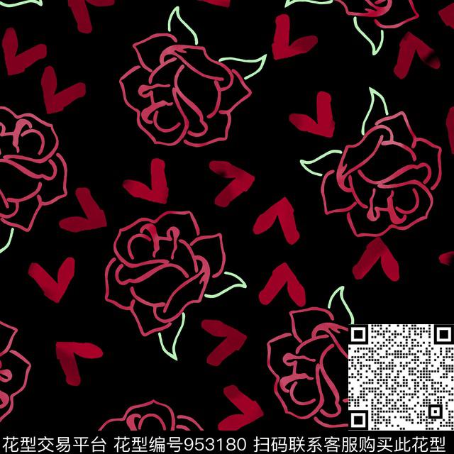 霓虹爱心玫瑰花卉.jpg - 953180 - 爱心 手绘花卉 花卉 - 数码印花花型 － 女装花型设计 － 瓦栏