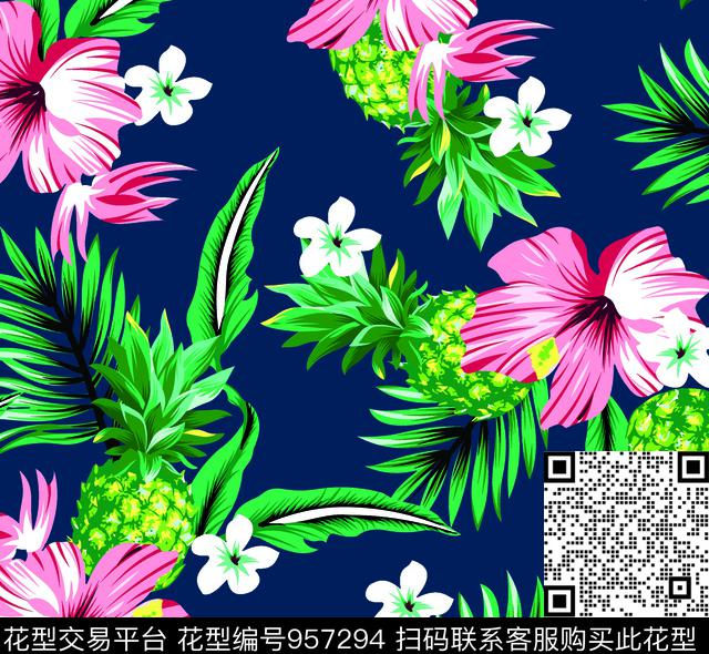 28-花菠萝叶 蓝底w.jpg - 957294 - 植物 数码花型 女装 - 数码印花花型 － 泳装花型设计 － 瓦栏