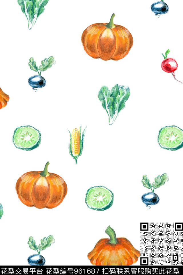 蔬菜.jpg - 961687 - 蔬菜 卡通动物 大牌风 - 数码印花花型 － 女装花型设计 － 瓦栏