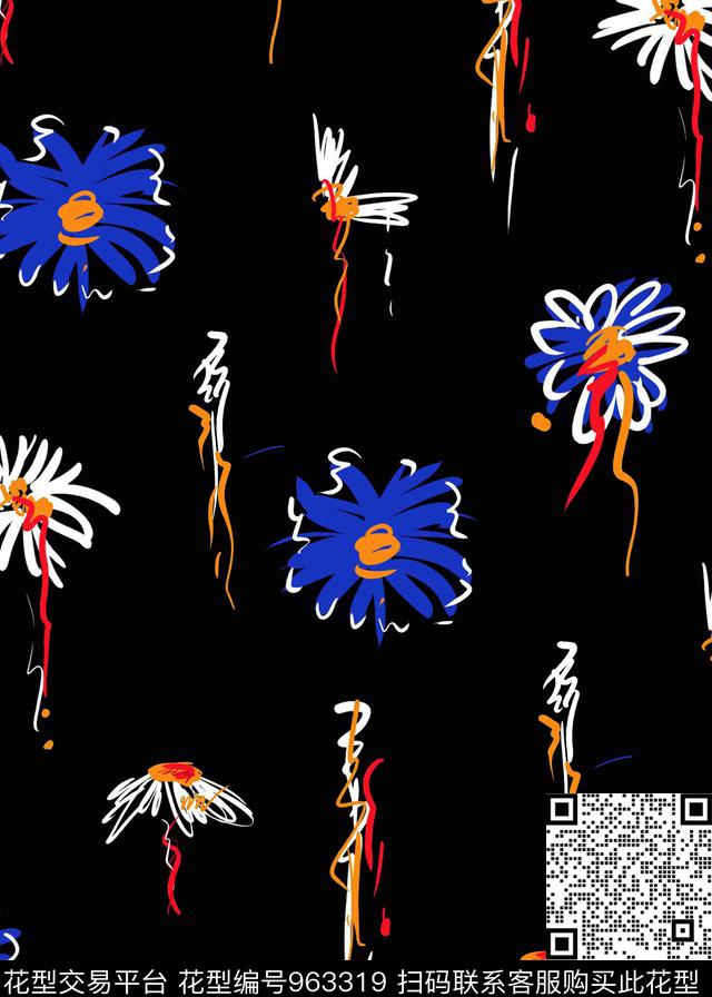 手绘花.jpg - 963319 - 小碎花 黑底花卉 手绘花卉 - 数码印花花型 － 女装花型设计 － 瓦栏