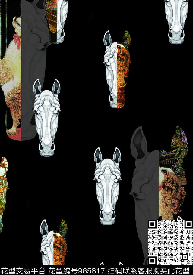 抽象动物头马.jpg - 965817 - 数码花型 男装 抽象 - 数码印花花型 － 男装花型设计 － 瓦栏