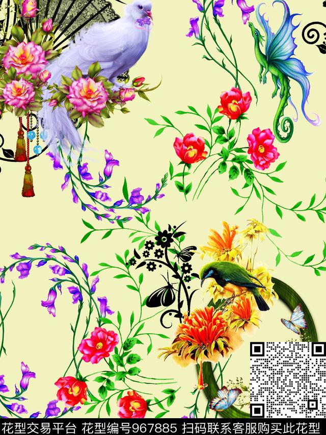 清新花卉 鸟 扇子.jpg - 967885 - 动物花卉 鸟/昆虫 恐龙 - 数码印花花型 － 女装花型设计 － 瓦栏
