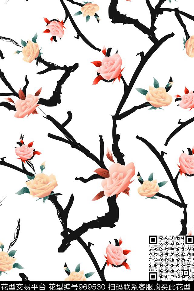 复古手绘泼墨彩色玫瑰牡丹.jpg - 969530 - 古典花纹 花卉 玫瑰花 - 数码印花花型 － 女装花型设计 － 瓦栏