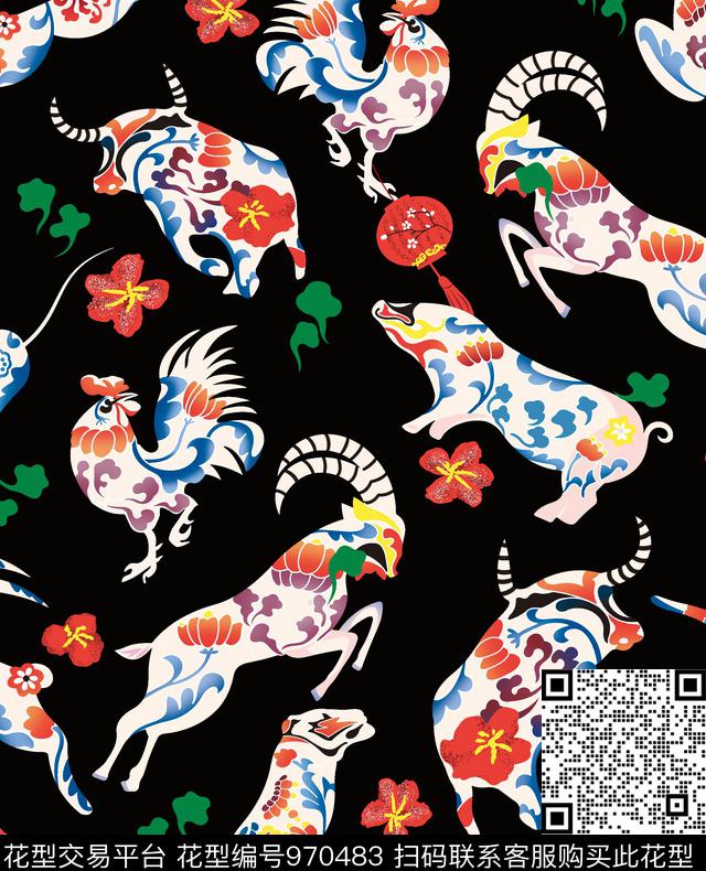 复古中国风彩绘年画祥云生肖动物图.jpg - 970483 - 动物花卉 泼墨 民族风 - 数码印花花型 － 女装花型设计 － 瓦栏