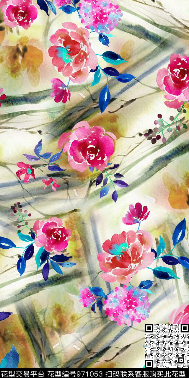 xf-46.jpg - 971053 - 数码花型 水彩花卉 手绘花卉 - 数码印花花型 － 女装花型设计 － 瓦栏