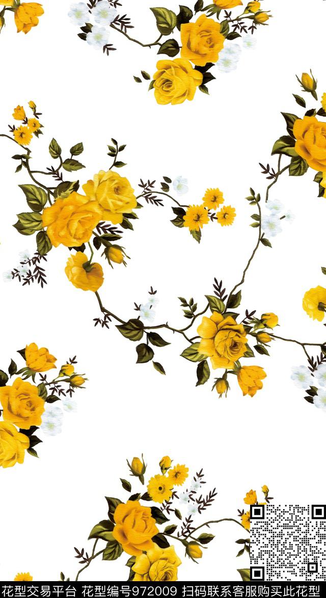 玫瑰花.jpg - 972009 - 手绘玫瑰 月季花 玫瑰花 - 数码印花花型 － 女装花型设计 － 瓦栏