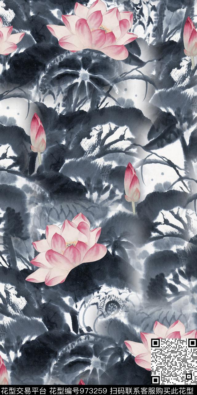 Qq17.11.23-1.jpg - 973259 - 手绘花卉 荷花 中国 - 数码印花花型 － 女装花型设计 － 瓦栏