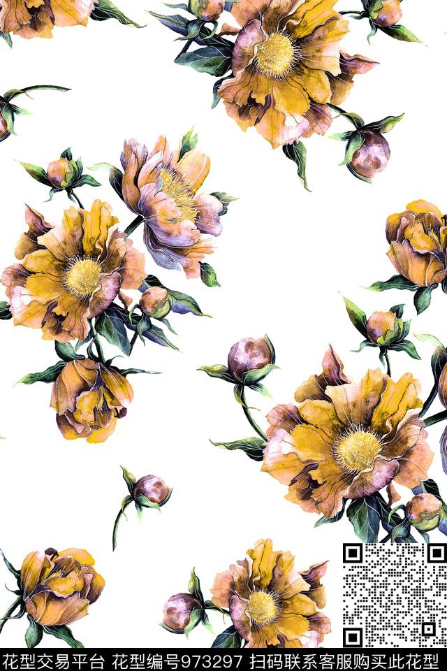 A-088主.jpg - 973297 - 数码花型 花卉 清爽底花卉 - 数码印花花型 － 女装花型设计 － 瓦栏