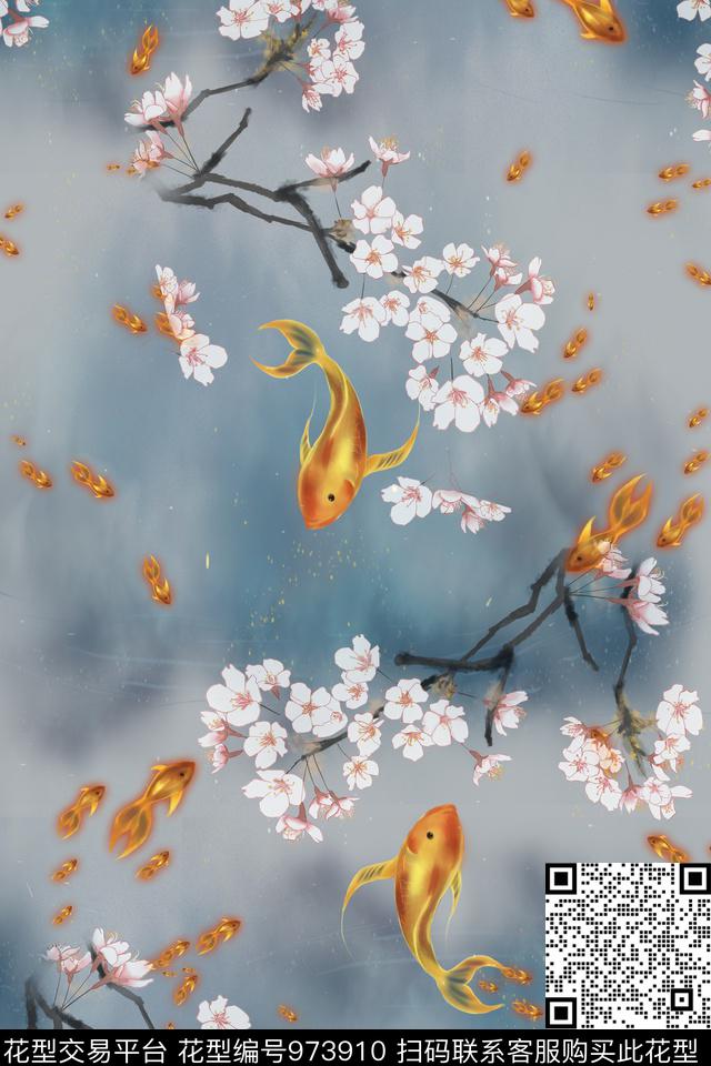 自由的鱼.jpg - 973910 - 数码花型 休闲 樱花 - 数码印花花型 － 女装花型设计 － 瓦栏