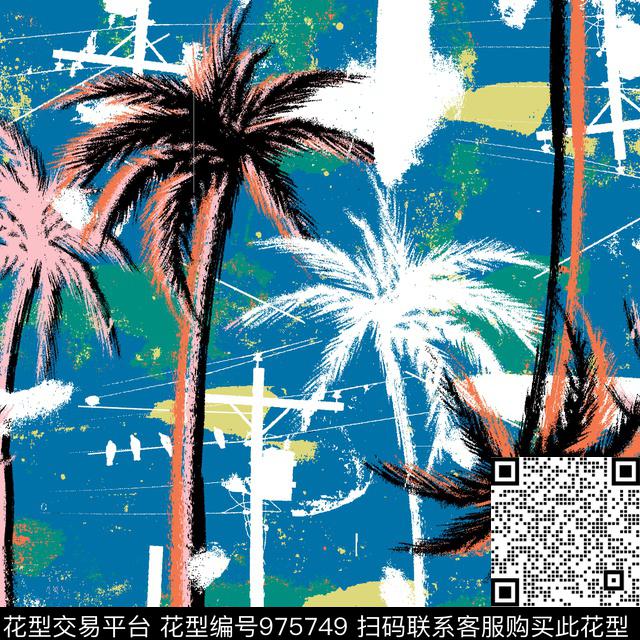 抽象风景椰树.jpg - 975749 - 椰子树 抽象风景 手绘风景 - 传统印花花型 － 女装花型设计 － 瓦栏