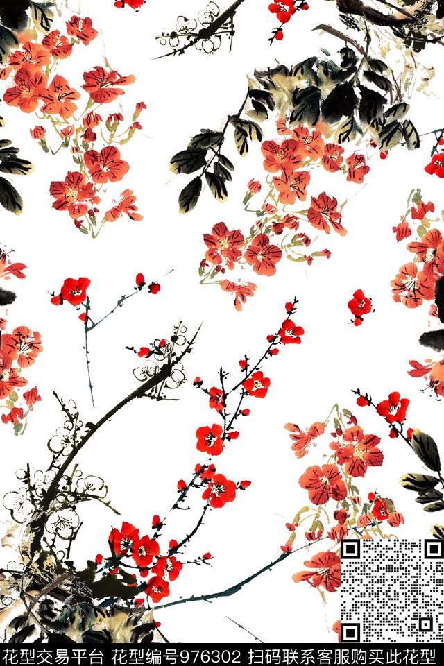 3654-1.jpg - 976302 - 梅花 田园 中国 - 数码印花花型 － 女装花型设计 － 瓦栏