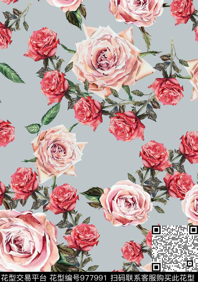 17-12023.jpg - 977991 - 手绘花卉 花卉 玫瑰花 - 数码印花花型 － 女装花型设计 － 瓦栏