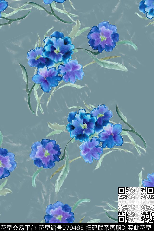 淡雅蓝色花.jpg - 979465 - 数码花型 素雅 手绘花卉 - 数码印花花型 － 女装花型设计 － 瓦栏