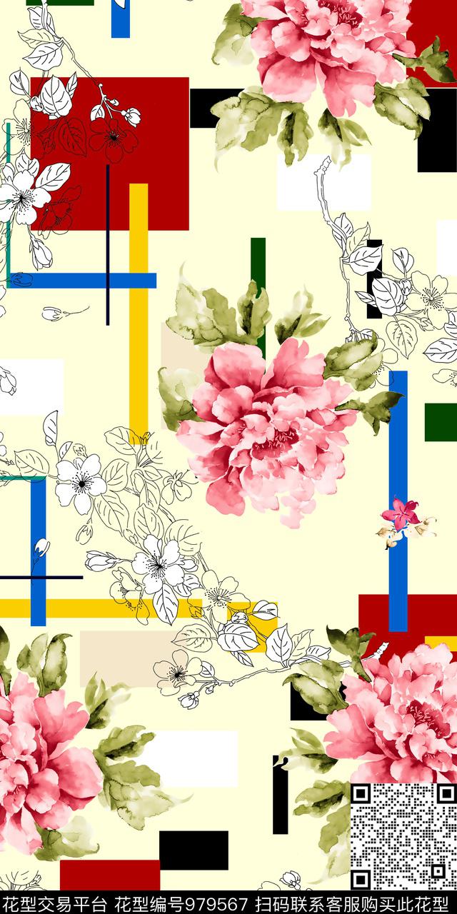 QSMX86.jpg - 979567 - 线条花卉 手绘花卉 几何 - 数码印花花型 － 女装花型设计 － 瓦栏