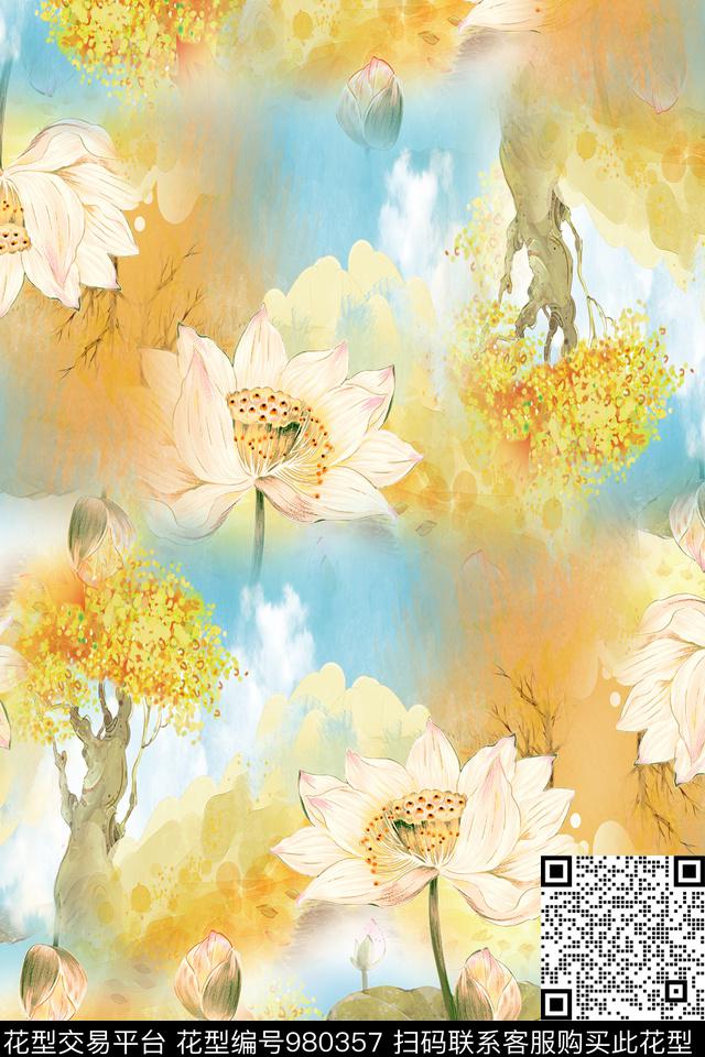 唯美荷花.jpg - 980357 - 数码花型 花卉 女装 - 数码印花花型 － 女装花型设计 － 瓦栏
