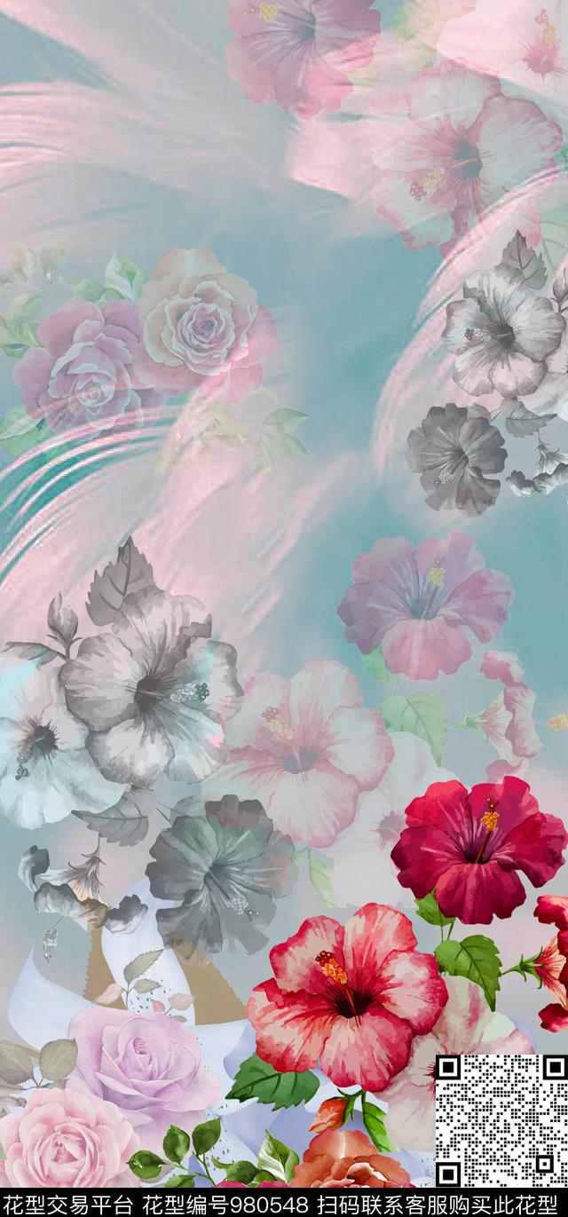 抽象定位花 (2).jpg - 980548 - 水彩花卉 手绘花卉 抽象纹 - 数码印花花型 － 女装花型设计 － 瓦栏
