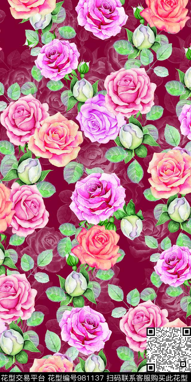 玫瑰花卉-分层.jpg - 981137 - 数码花型 植物 花卉 - 数码印花花型 － 女装花型设计 － 瓦栏