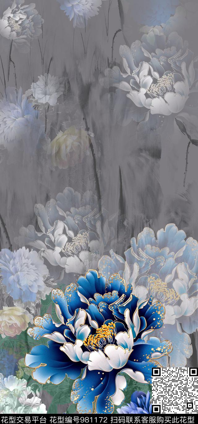时尚抽象中国风牡丹定位.jpg - 981172 - 水墨风 抽象纹 牡丹 - 数码印花花型 － 女装花型设计 － 瓦栏