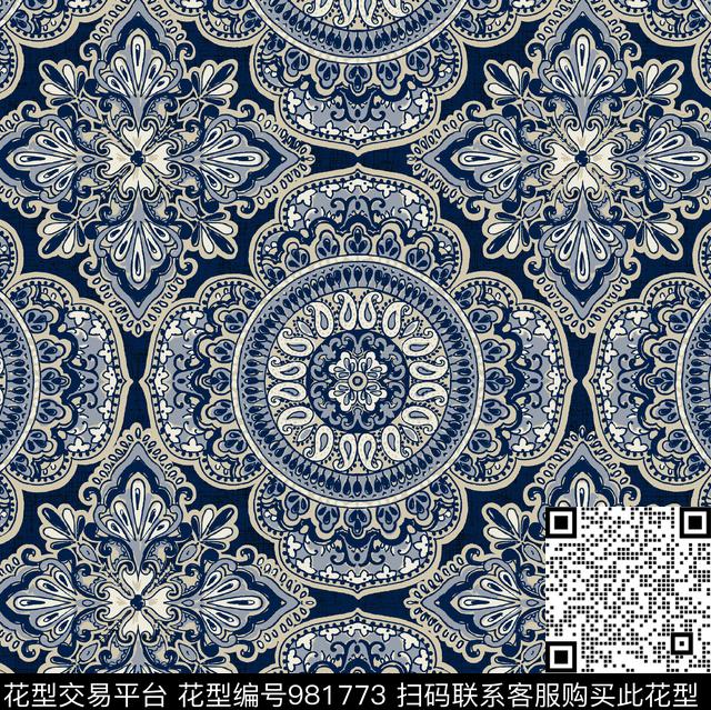 Medallion.jpg - 981773 - 线条画 纹理 青花瓷 - 传统印花花型 － 床品花型设计 － 瓦栏