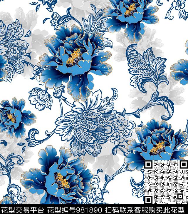 gv.jpg - 981890 - 花卉 牡丹 青花瓷 - 数码印花花型 － 女装花型设计 － 瓦栏