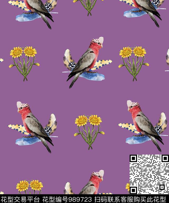 小眼神.jpg - 989723 - 羽毛 鹦鹉 水彩花卉 - 数码印花花型 － 女装花型设计 － 瓦栏