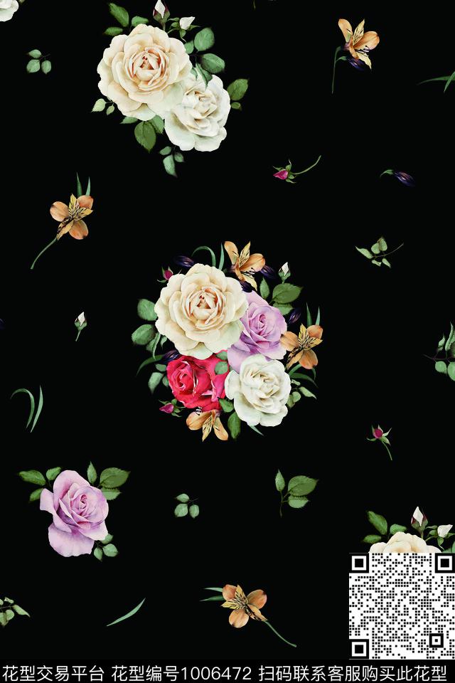 黑色.jpg - 1006472 - 数码花型 小碎花 月季花 - 数码印花花型 － 女装花型设计 － 瓦栏