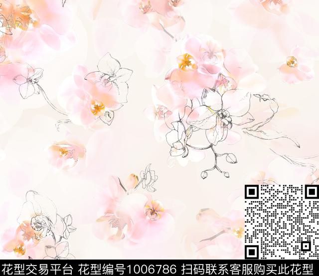 水彩花卉兰花铅笔线描数码印花花型下载（图片编号: 1006786） - 瓦栏（Walan）