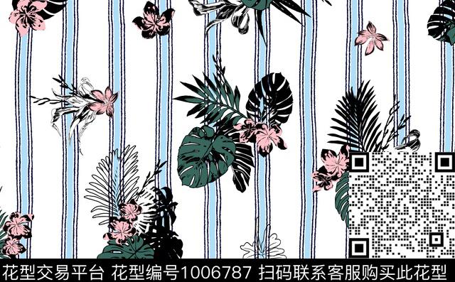 龟背竹热带花型棕榈树传统印花花型下载（图片编号: 1006787） - 瓦栏（Walan）