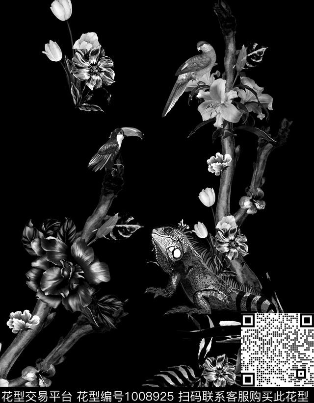 Z9998.jpg - 1008925 - 动物花卉 数码花型 黑白花型 - 数码印花花型 － 男装花型设计 － 瓦栏