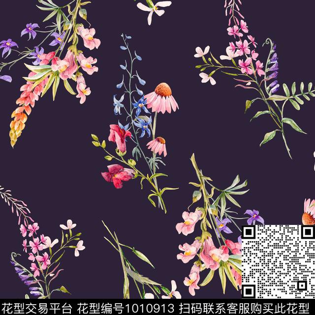 民族风古典花纹清爽底花卉数码印花花型下载（图片编号: 1010913） - 瓦栏（Walan）