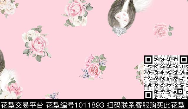 粉底公主与玫瑰.jpg - 1011893 - 数码花型 手绘玫瑰 少女 - 数码印花花型 － 女装花型设计 － 瓦栏