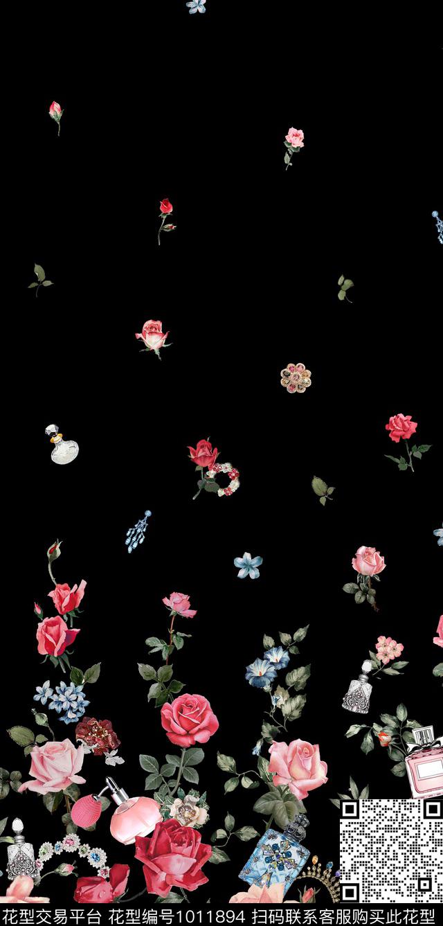黑底玫瑰定位花.jpg - 1011894 - 大花 数码花型 花卉 - 数码印花花型 － 女装花型设计 － 瓦栏