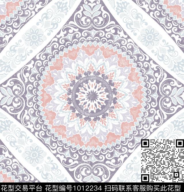 Block print Medallion_coralpurple.jpg - 1012234 - 抽象 花卉 几何 - 数码印花花型 － 床品花型设计 － 瓦栏