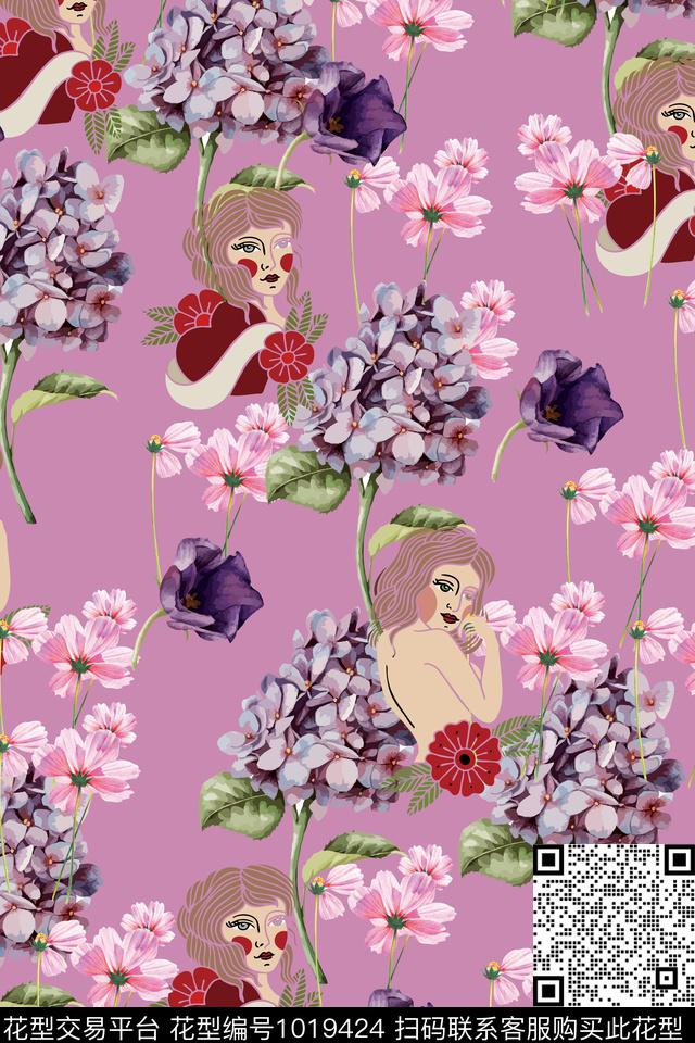 20180227002.jpg - 1019424 - 数码花型 绣球花 人物 - 数码印花花型 － 女装花型设计 － 瓦栏