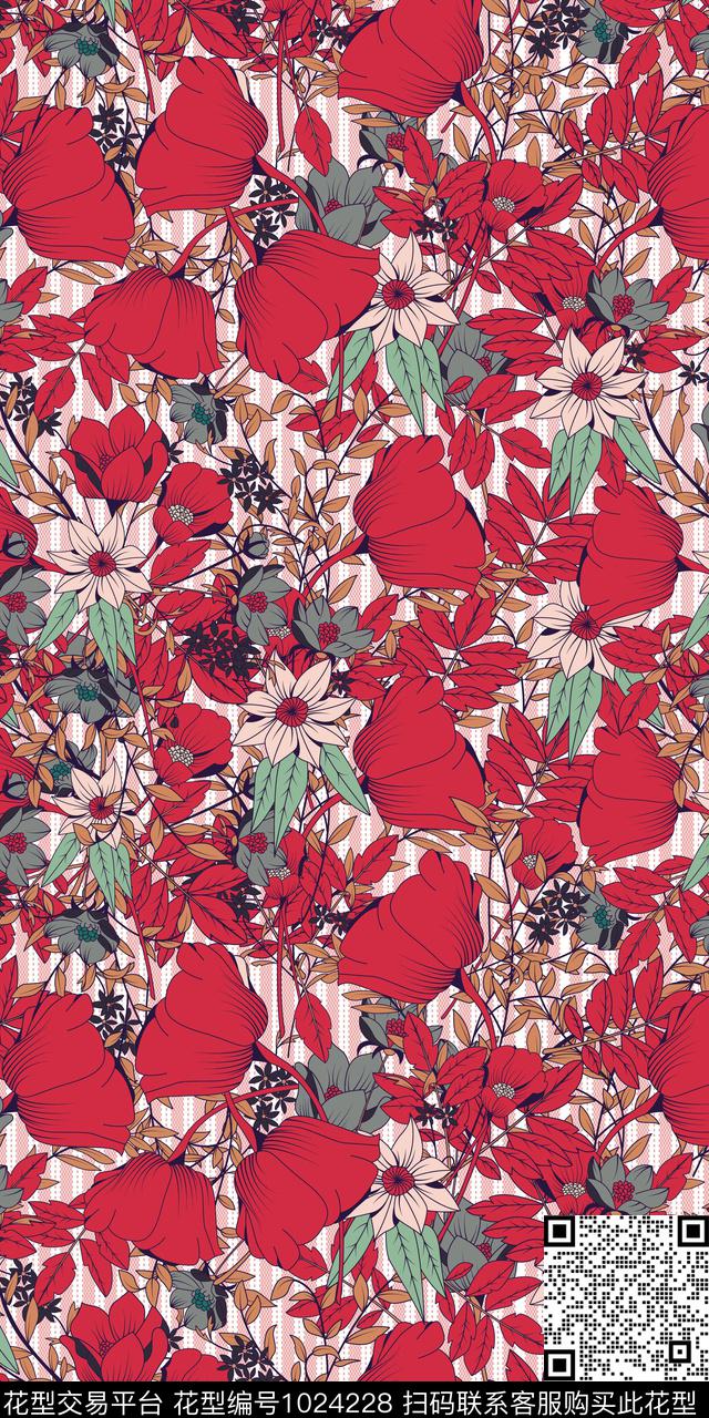 红花绿叶.jpg - 1024228 - 条纹 数码花型 手绘花卉 - 数码印花花型 － 女装花型设计 － 瓦栏