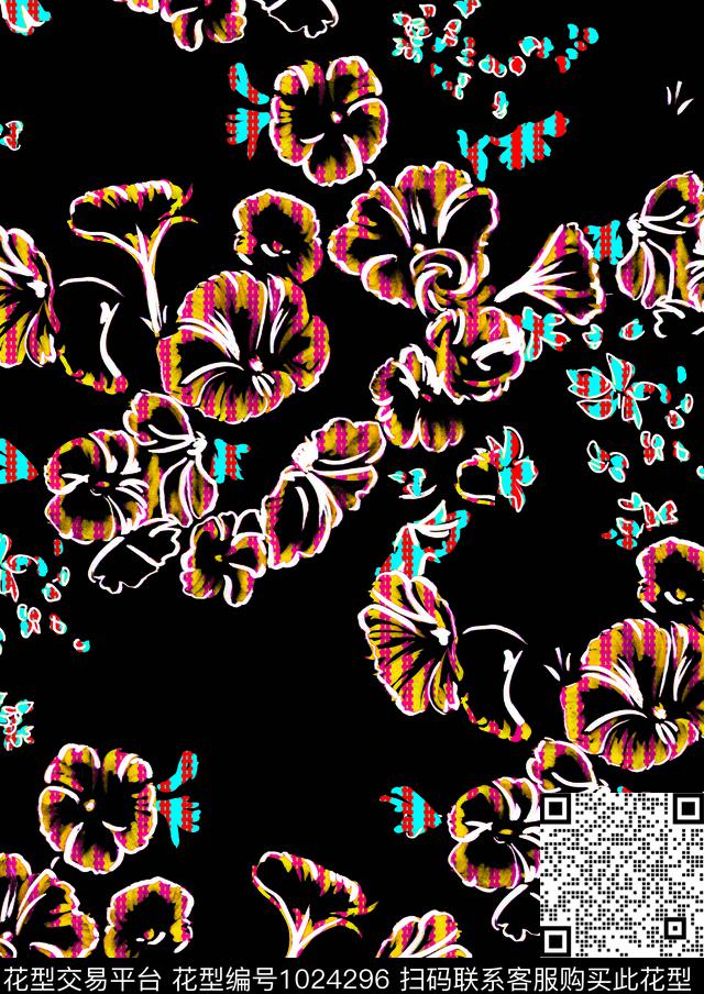 红黄条纹花型.jpg - 1024296 - 条纹 数码花型 水墨风 - 数码印花花型 － 女装花型设计 － 瓦栏