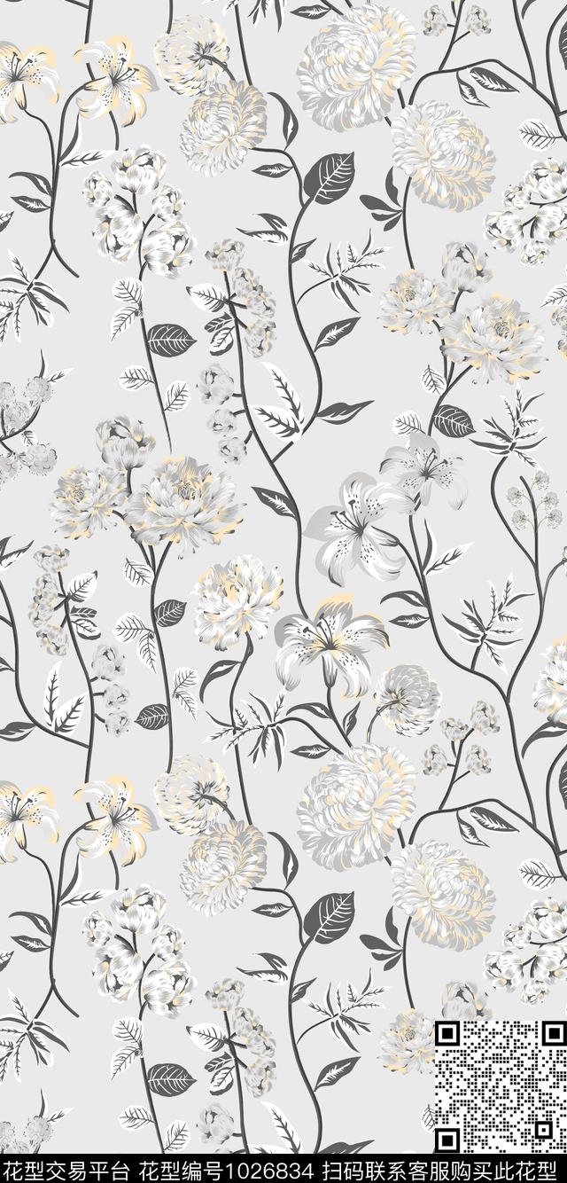 沙发灰度金丝花纹.jpg - 1026834 - 花卉 金色 欧洲 - 数码印花花型 － 沙发布花型设计 － 瓦栏
