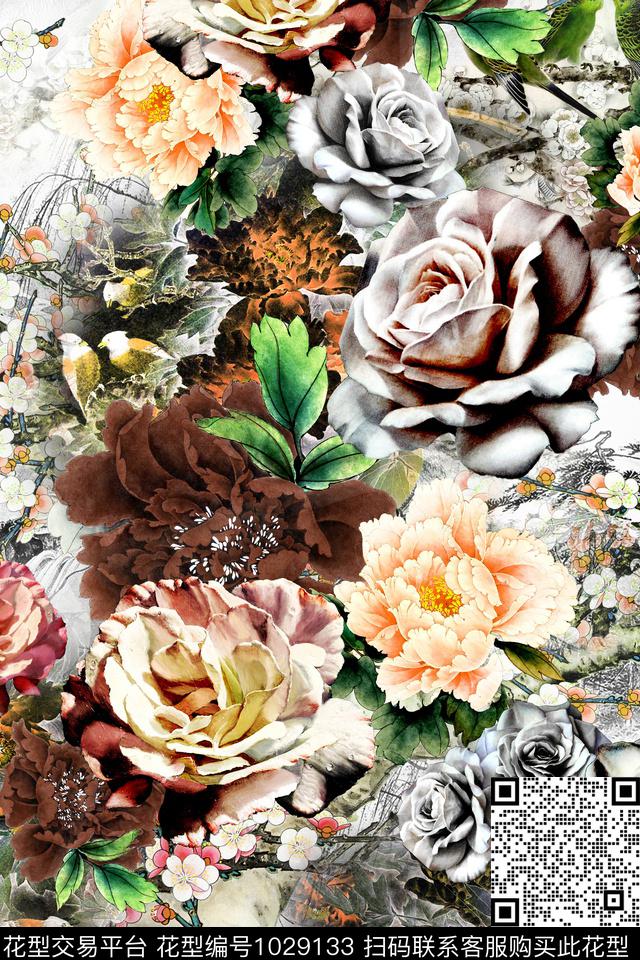 053.jpg - 1029133 - 民族花卉 中国 水墨风 - 数码印花花型 － 女装花型设计 － 瓦栏