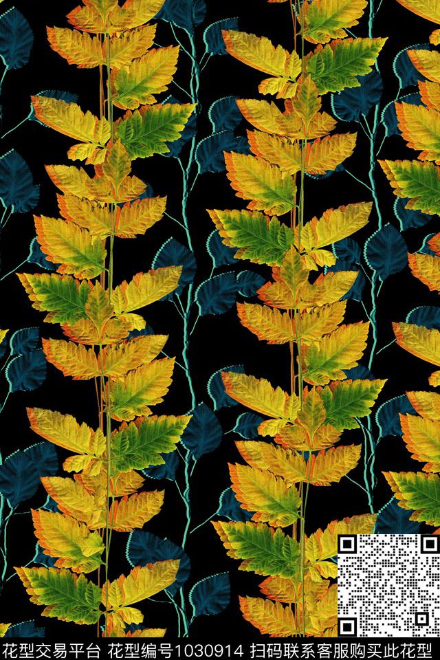 J-1.jpg - 1030914 - 绿植树叶 对比 手绘花卉 - 数码印花花型 － 女装花型设计 － 瓦栏