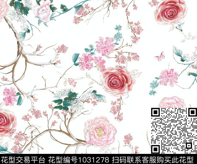 数码花型春夏花型白底花数码印花花型下载（图片编号: 1031278） - 瓦栏（Walan）