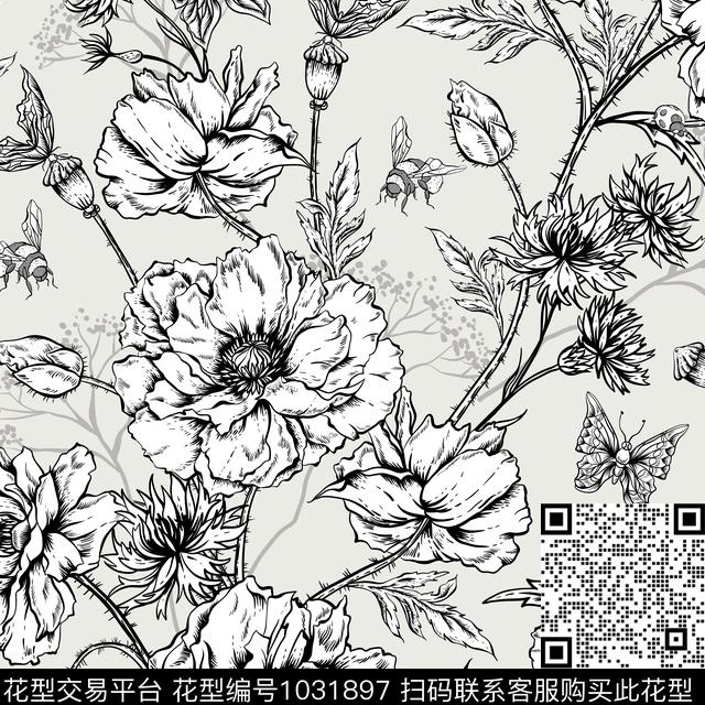 手绘花卉树枝黑白条纹数码印花花型下载（图片编号: 1031897） - 瓦栏（Walan）