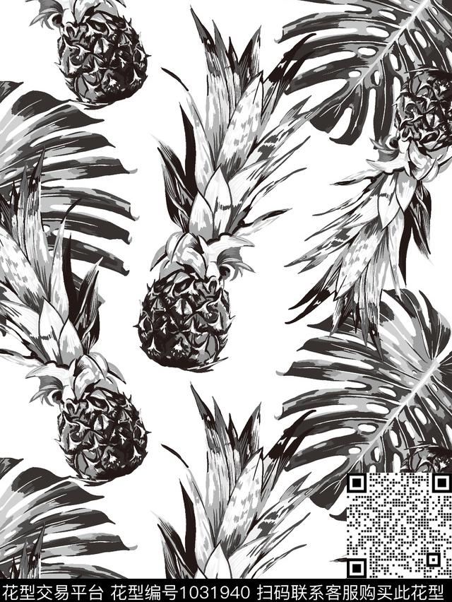 菠萝热带花型手绘菠萝传统印花花型下载（图片编号: 1031940） - 瓦栏（Walan）