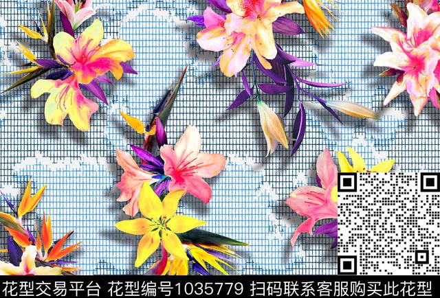 热带花卉+抽象格纹肌理.jpg - 1035779 - 条格 百合 天堂鸟 - 数码印花花型 － 女装花型设计 － 瓦栏