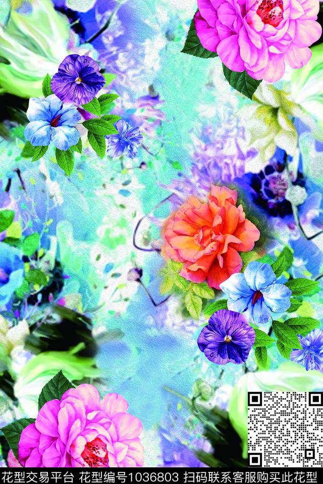 抽象手绘花卉清爽底花卉数码印花花型下载（图片编号: 1036803） - 瓦栏（Walan）