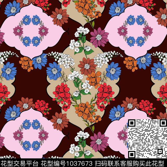 民族风清爽底花卉几何花卉数码印花花型下载（图片编号: 1037673） - 瓦栏（Walan）