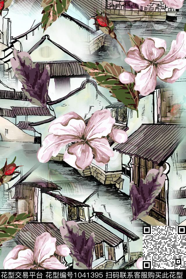 1804-04.jpg - 1041395 - 动物花卉 数码花型 水墨风 - 数码印花花型 － 女装花型设计 － 瓦栏