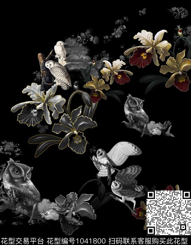 Z9983.jpg - 1041800 - 数码花型 黑白花型 黑底花卉 - 数码印花花型 － 男装花型设计 － 瓦栏