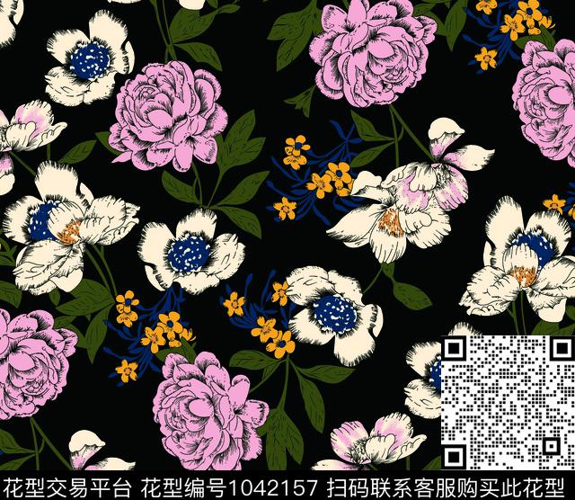 大花-黑.jpg - 1042157 - 抽象花卉 女装 几何 - 传统印花花型 － 女装花型设计 － 瓦栏